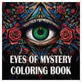 Coloring book with a vivid green eye, red roses, intricate blue and black patterns, and bold title lettering for Coloring Books for Adults
