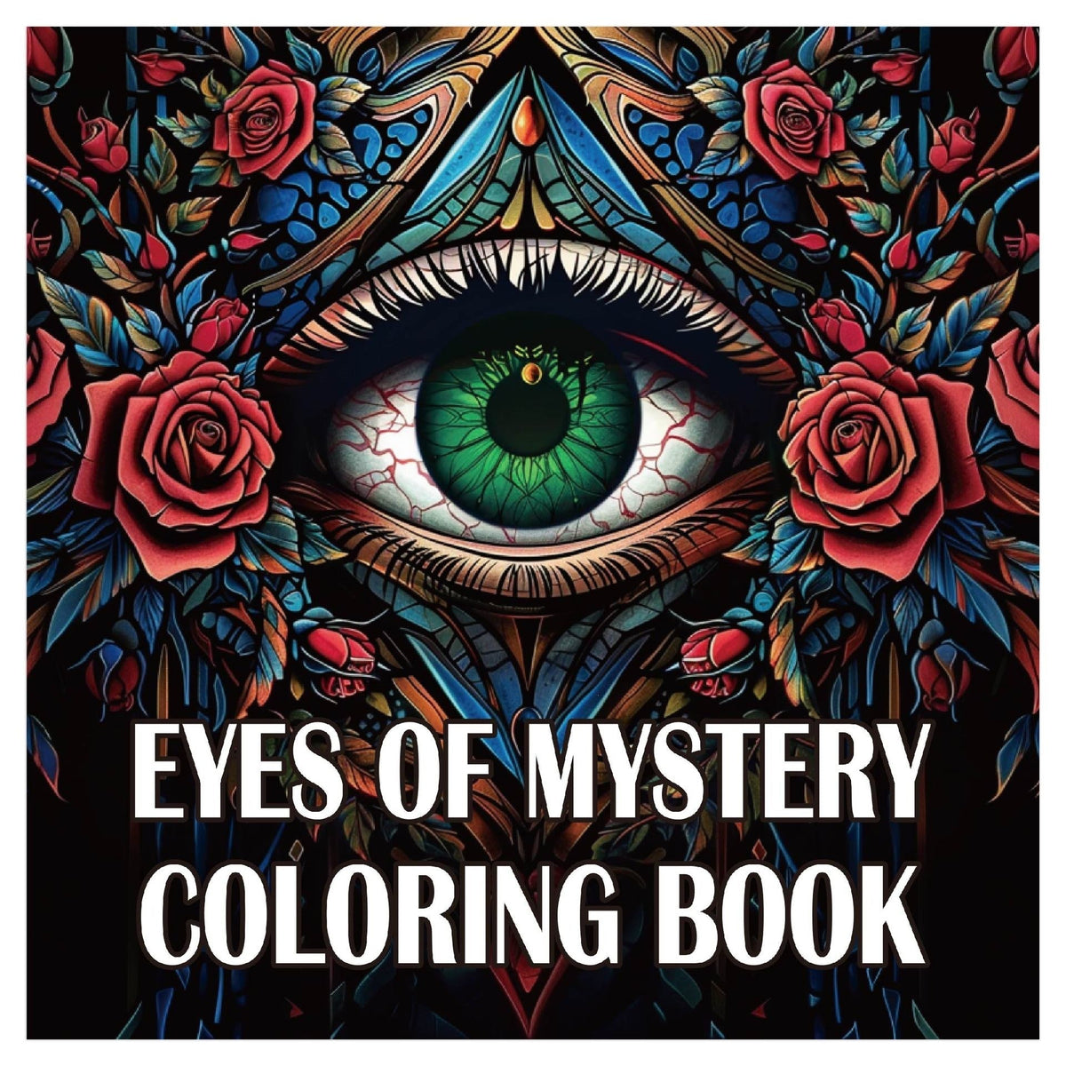 Coloring book with a vivid green eye, red roses, intricate blue and black patterns, and bold title lettering for Coloring Books for Adults