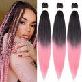 Dirty Braids Fluffy Wig with black-to-pink ombre synthetic braids, shown as a styled look and three loose bundles