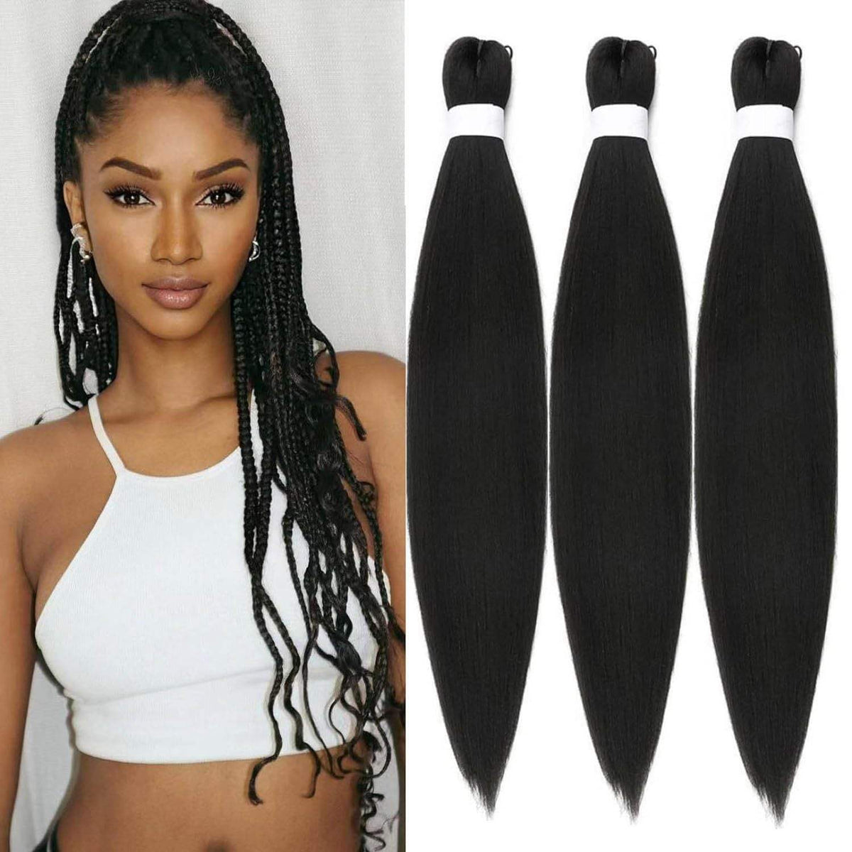 Dirty Braids Fluffy Wig with long black synthetic braids, textured strands and loose wavy ends shown on a model