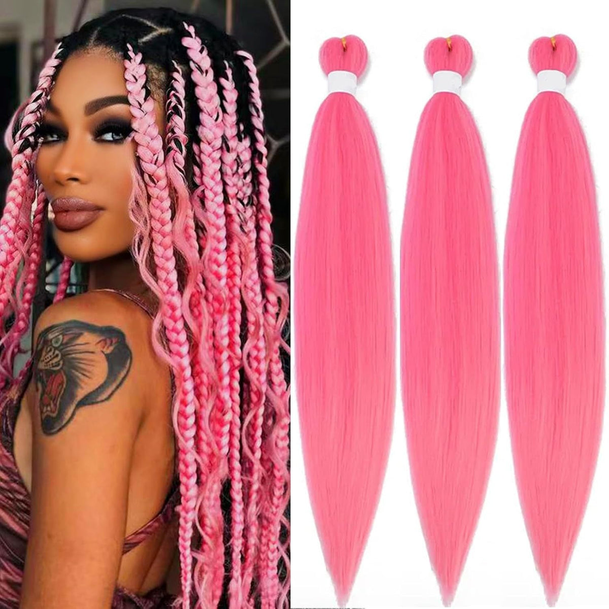 Dirty Braids Fluffy Wig with long, bright pink synthetic braids in a chunky textured style, shown worn and as loose bundles