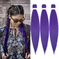 Dirty Braids Fluffy Wig with long, vivid purple synthetic braids, shown worn in two braids and as three loose bundles.