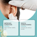 Docteat Ear Relief Drops shown alongside a gloved hand gently examining an ear, with improved condition and gentle conditioning claims.