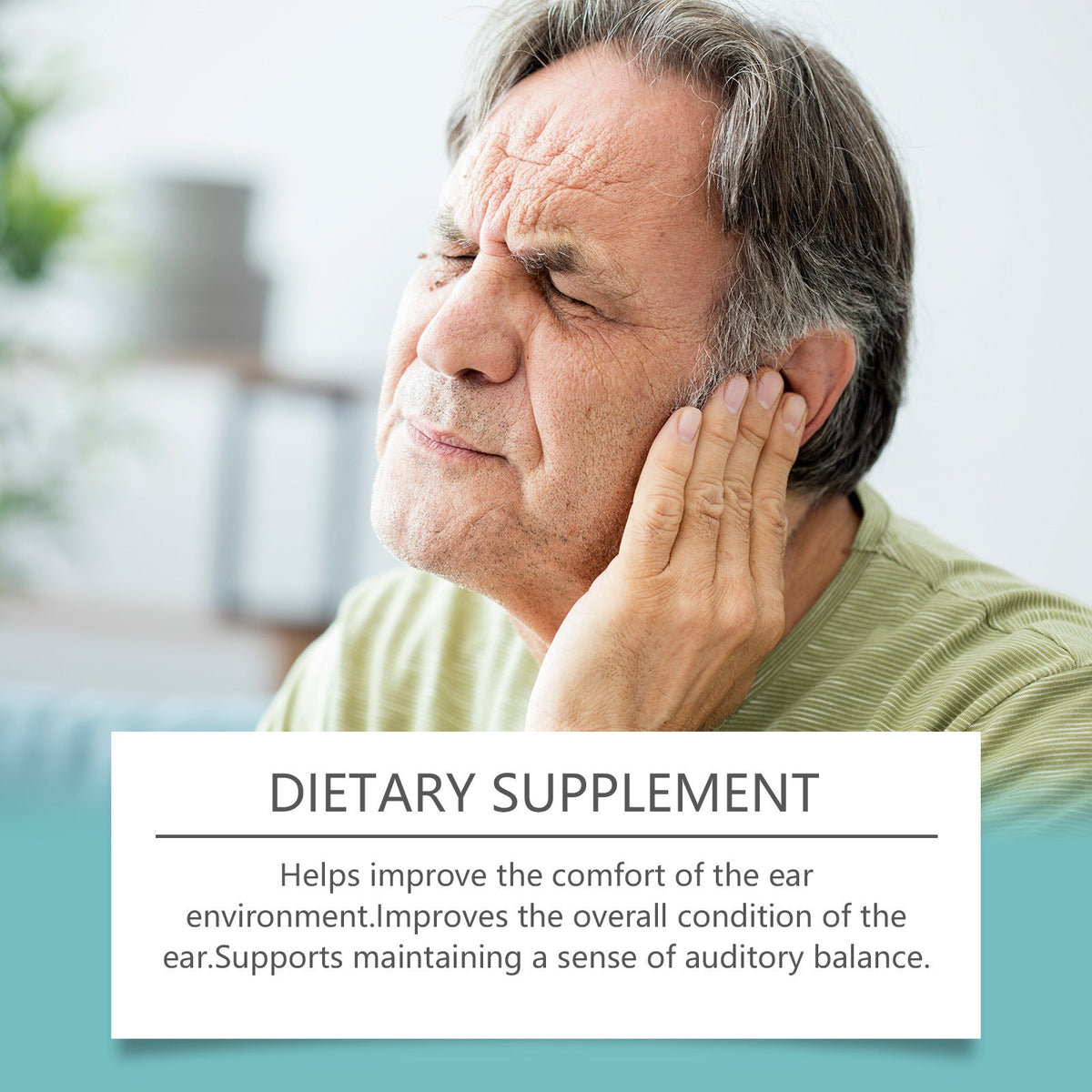 Docteat Ear Relief Drops shown with a gray-haired man pressing his ear and a label describing ear comfort support