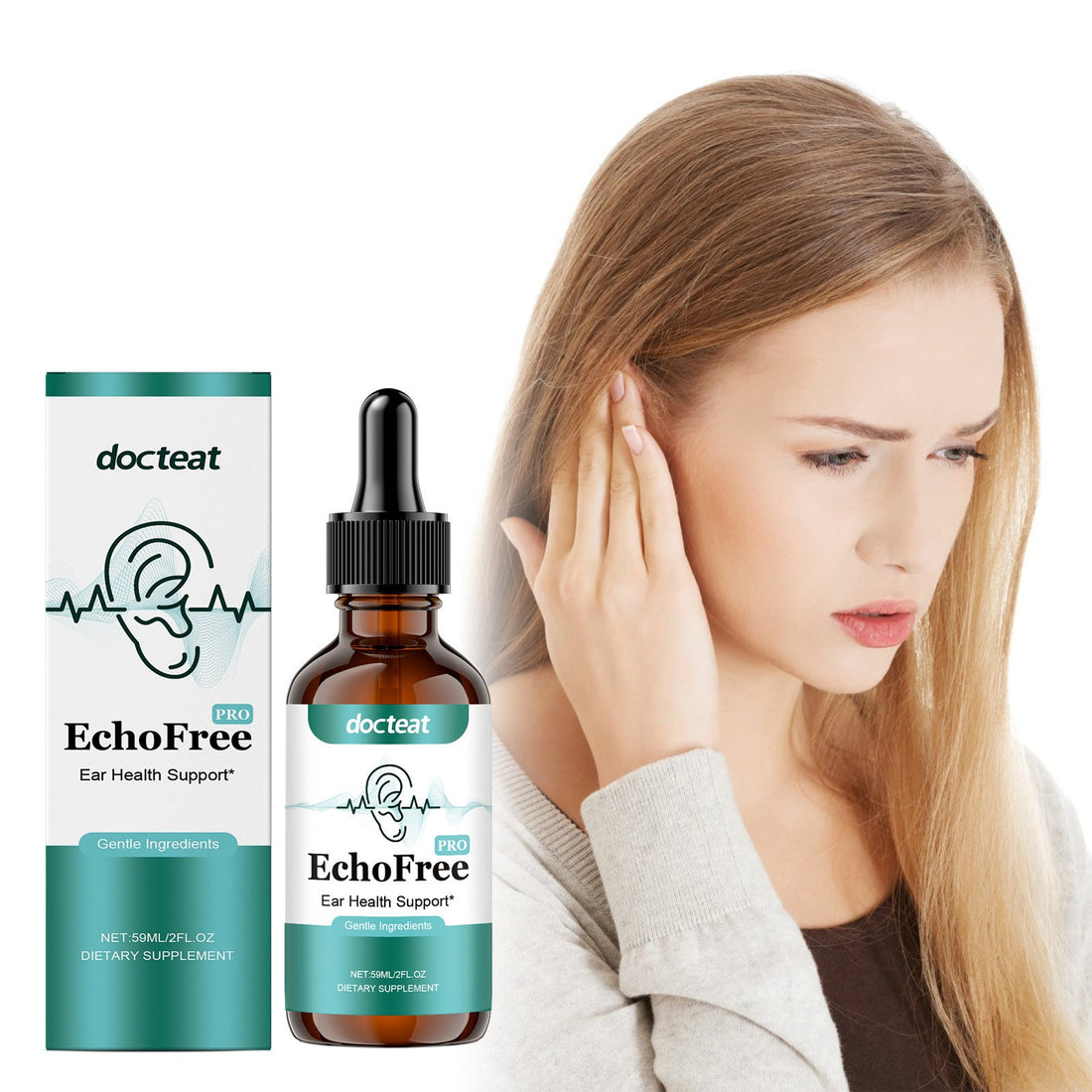 Ear relief drops in a brown glass bottle with a black dropper and teal-and-white EchoFree label, Docteat Ear Relief Drops.