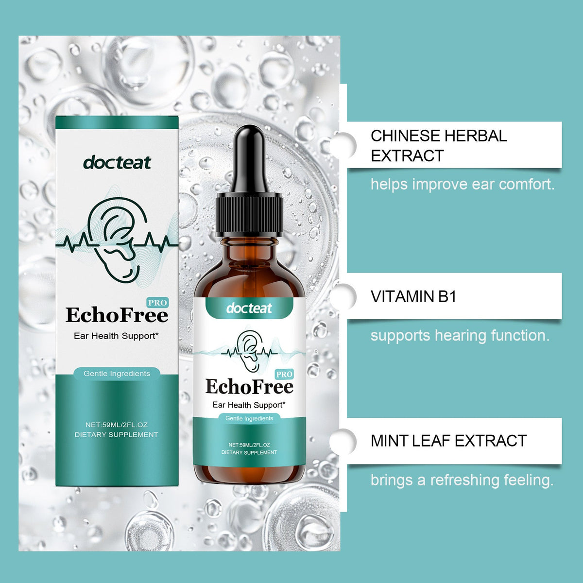Docteat Ear Relief Drops in a teal-and-white EchoFree box beside an amber glass dropper bottle with a black cap