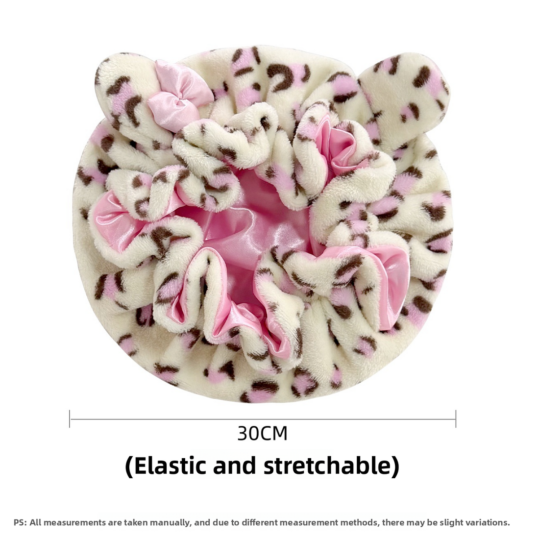 Double Layer Bear Ear Sleep Cap with cream leopard-print plush velvet, soft pink satin lining, bow and rounded bear ears