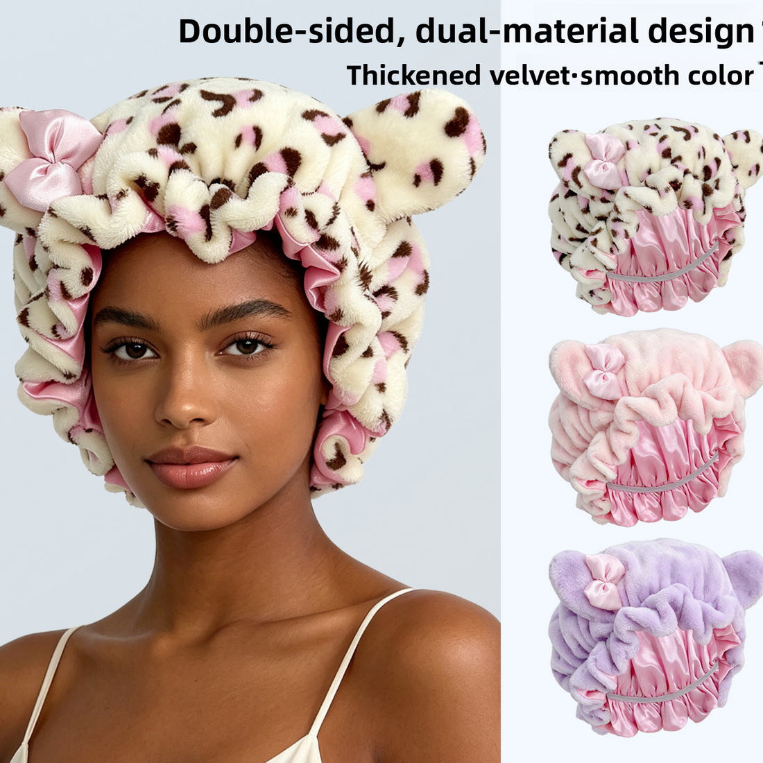 Double Layer Bear Ear Sleep Cap with cream leopard-print plush velvet, soft pink satin lining, bow and rounded bear ears