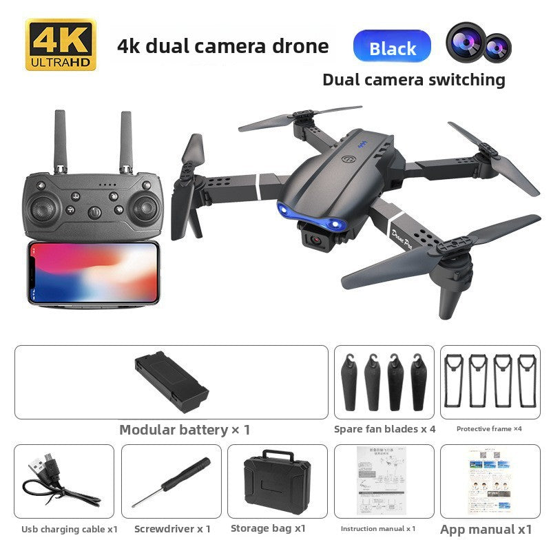 Drone 8K Aerial Photography black plastic quadcopter with foldable arms, dual front cameras, remote controller and phone display