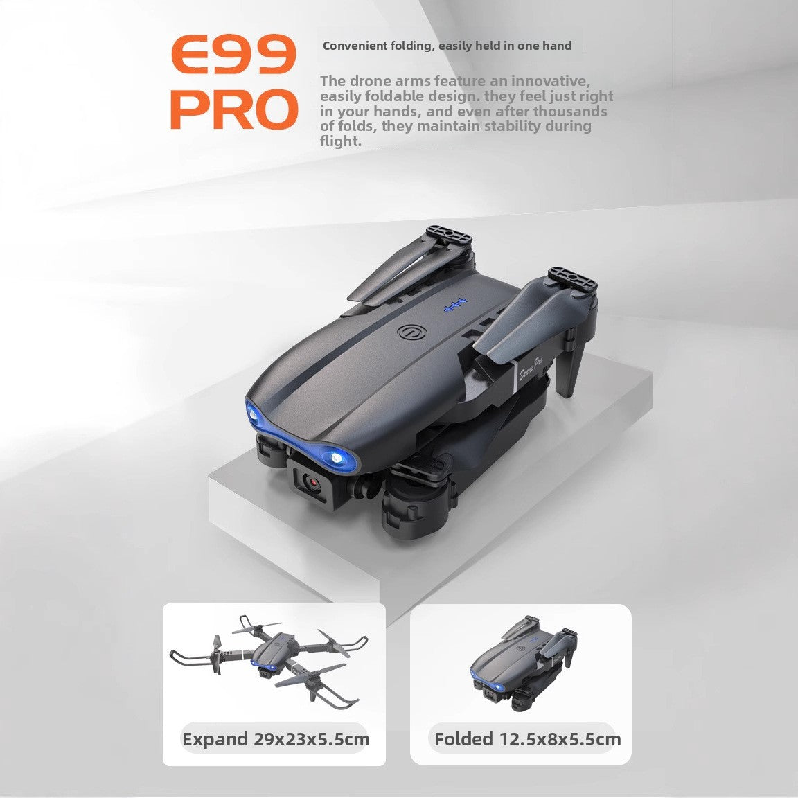 Drone 8K Aerial Photography model in dark gray plastic with blue front lights, folded arms, and compact quadcopter design