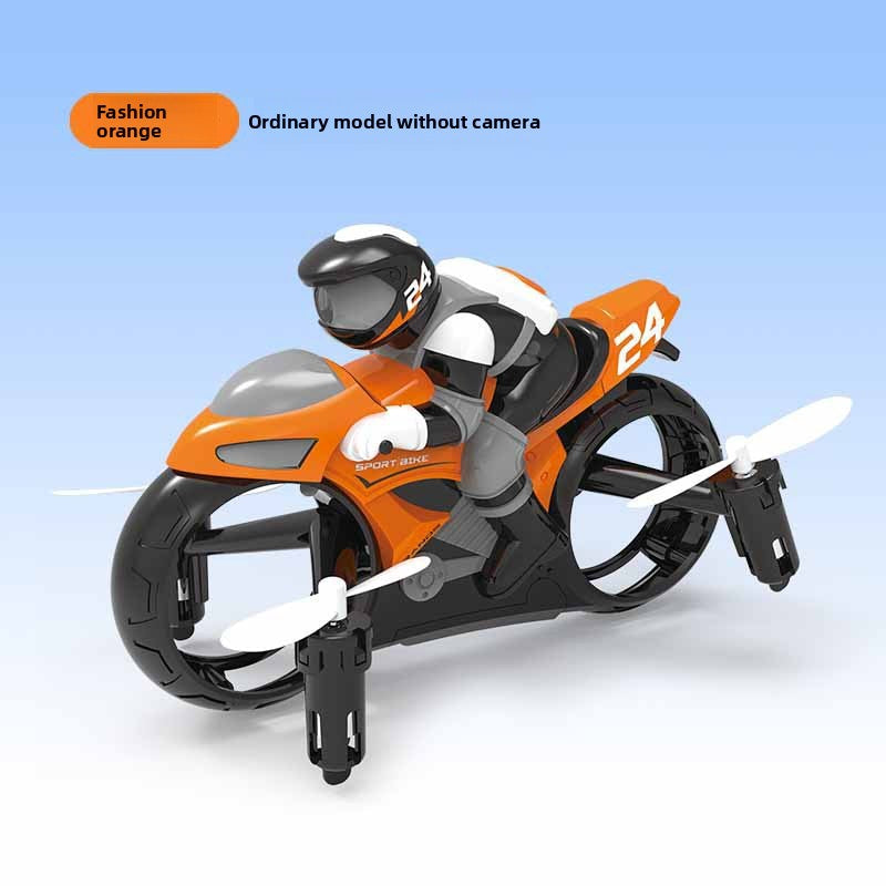 Drone Motorcycle Toy in blue, white and black plastic, with a helmeted rider, racing number decals and rotor blades for flight.