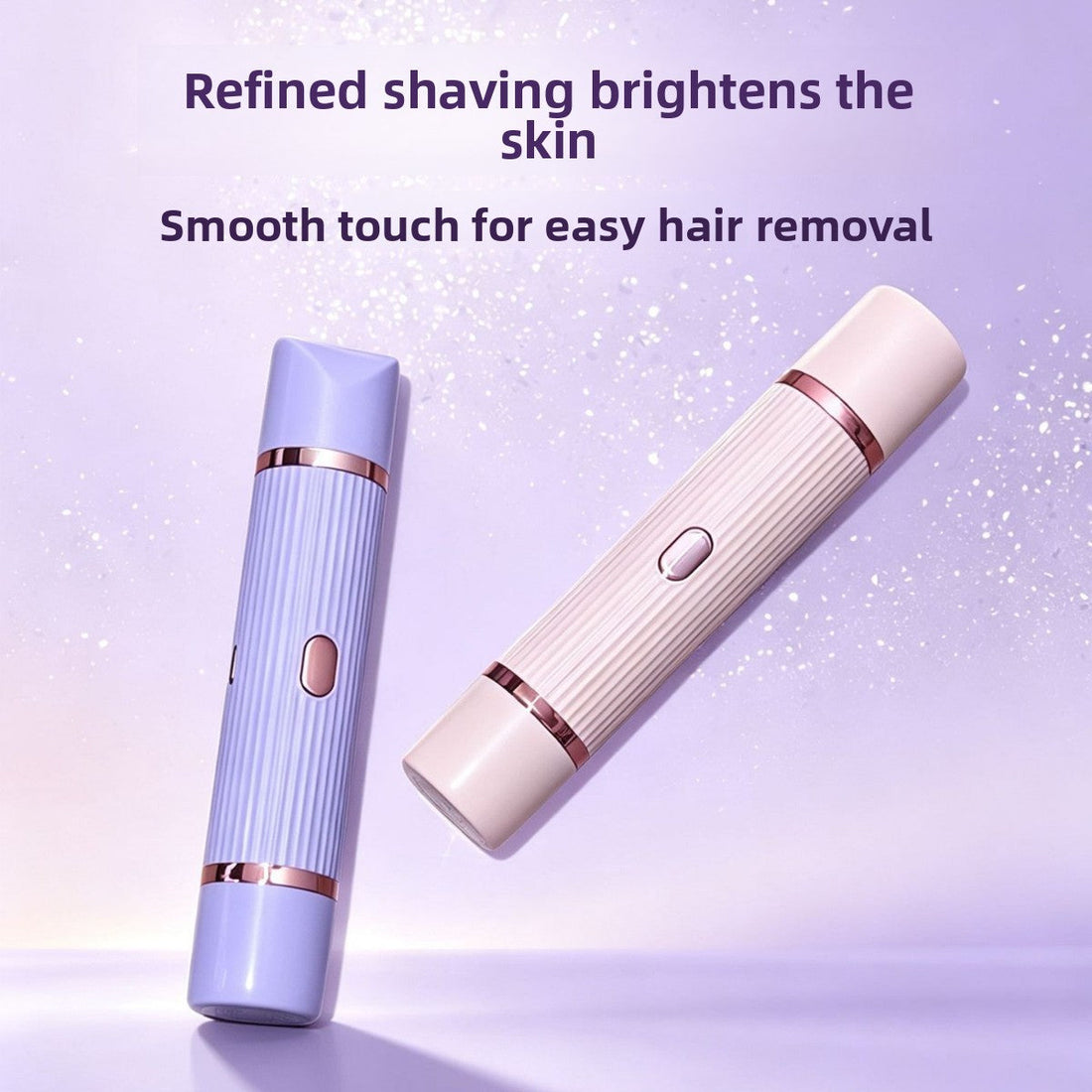 Dual Head Electric hair shaver in lavender and pale pink, with ribbed plastic body, metallic bands and a single button.