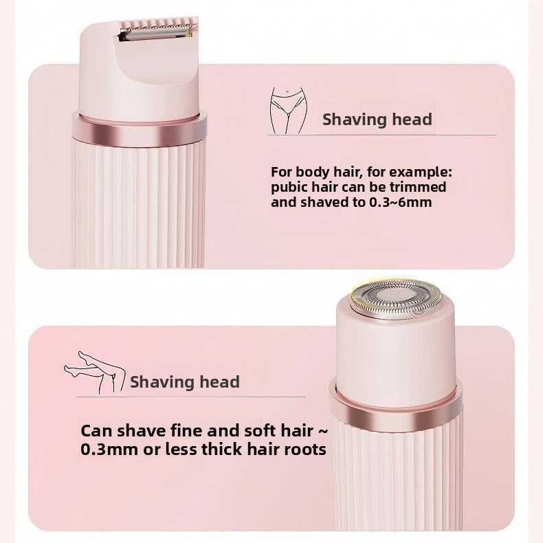 Dual Head Electric hair shaver in lavender and pale pink, with ribbed plastic body, metallic bands and a single button.