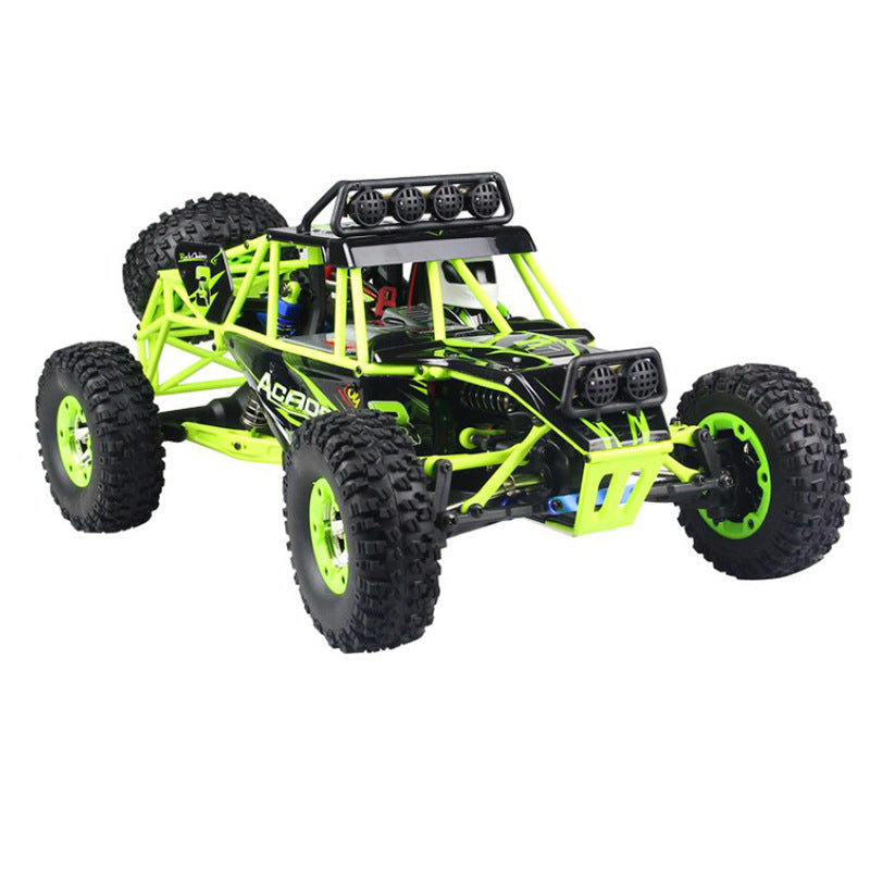 Dune Buggy Electric remote-control toy car with a black and neon yellow plastic frame, oversized tires, and roof lights.