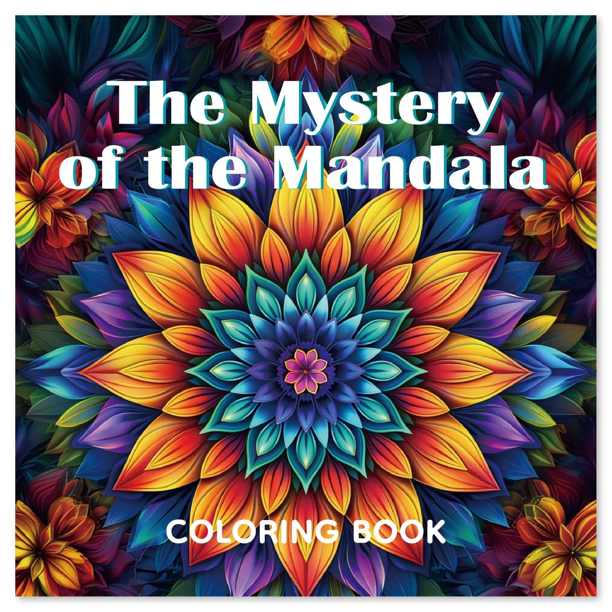 Coloring Books for Adults featuring a square paper cover with a vibrant multicolored mandala flower and bold white title text
