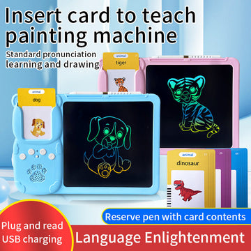 Activity Book with blue and pink ABS LCD writing tablets, black screens, colorful animal drawings and word-learning cards.
