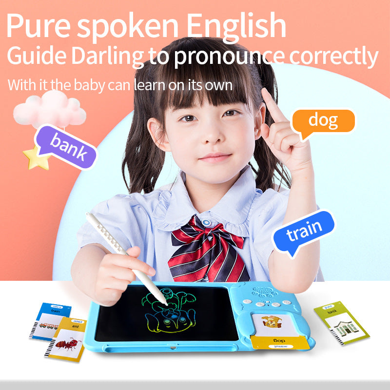Activity Book: blue ABS plastic children’s LCD writing tablet with a black drawing screen, stylus, and colorful learning buttons.