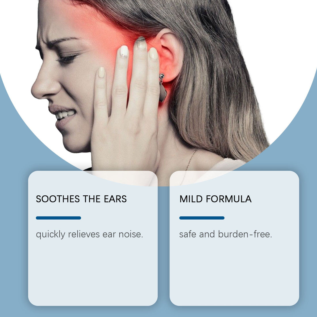Ear Care Drops Gentle in a brown glass dropper bottle with a black cap and blue-and-white tinnitus relief label.