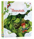 Picture book featuring a vivid green beanstalk, leafy vines and a child in blue, with the title “Beanstalk”; Educational  Picture Books
