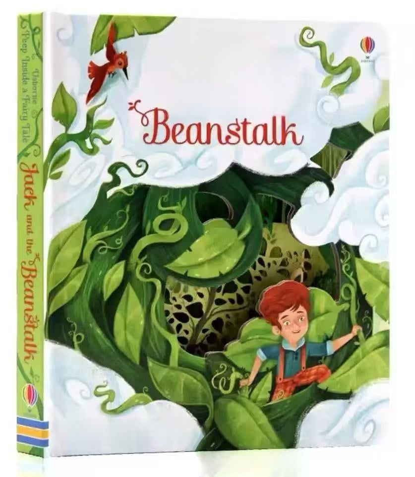 Picture book featuring a vivid green beanstalk, leafy vines and a child in blue, with the title “Beanstalk”; Educational  Picture Books
