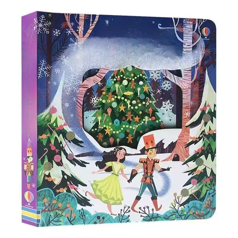 Board book with a colourful winter forest, festive tree and dancing characters; Educational  Picture Books with peek-through cutouts