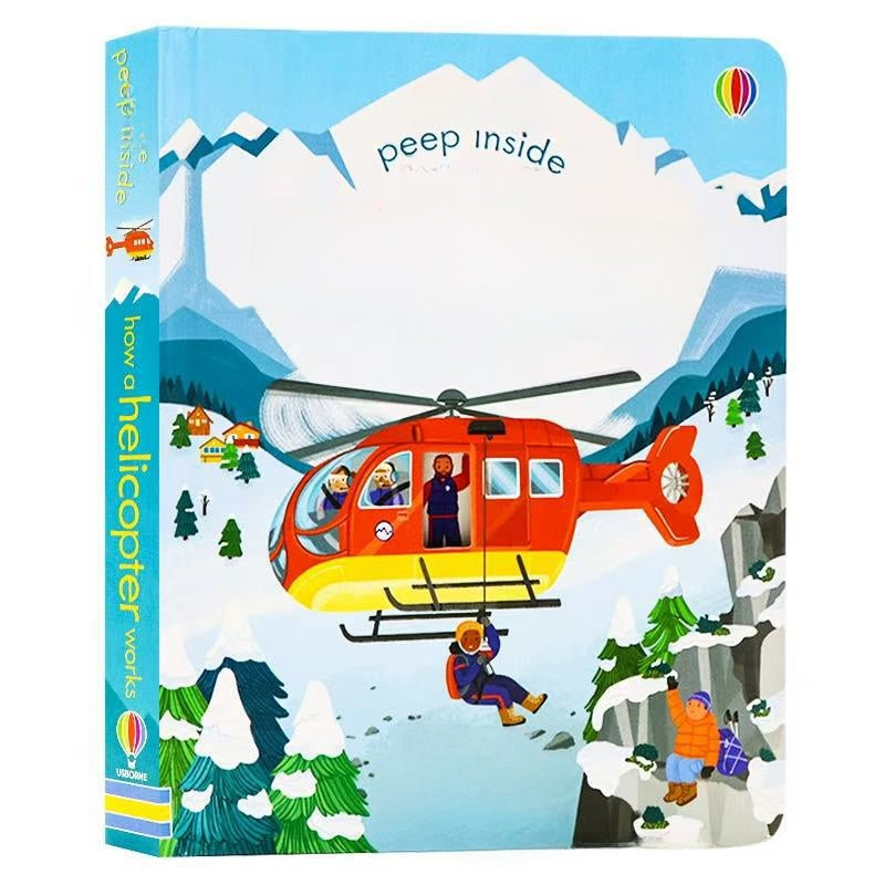 Educational  Picture Books board book with a turquoise cover, snowy mountain scene, bright orange helicopter, and peek-inside flap feature.