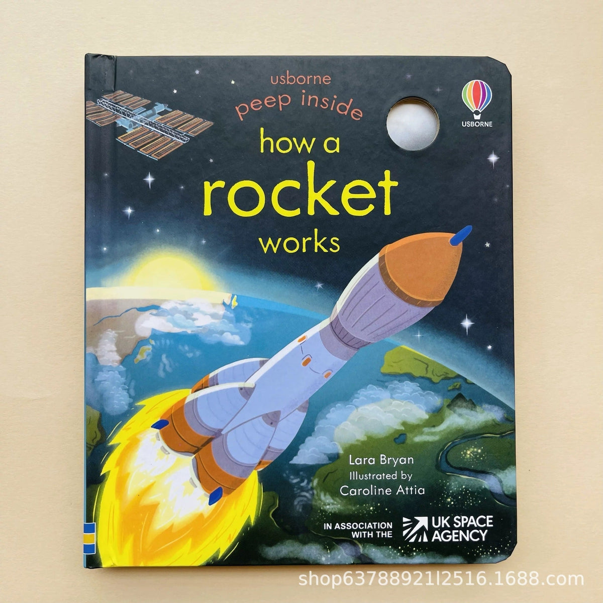 Educational  Picture Books activity book with a dark space-themed cover, colourful rocket illustration and circular peek-through hole
