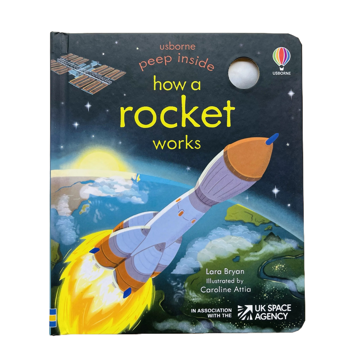 Children’s Educational  Picture Books, a dark illustrated board book showing a rocket launching above Earth with a peek-through hole.