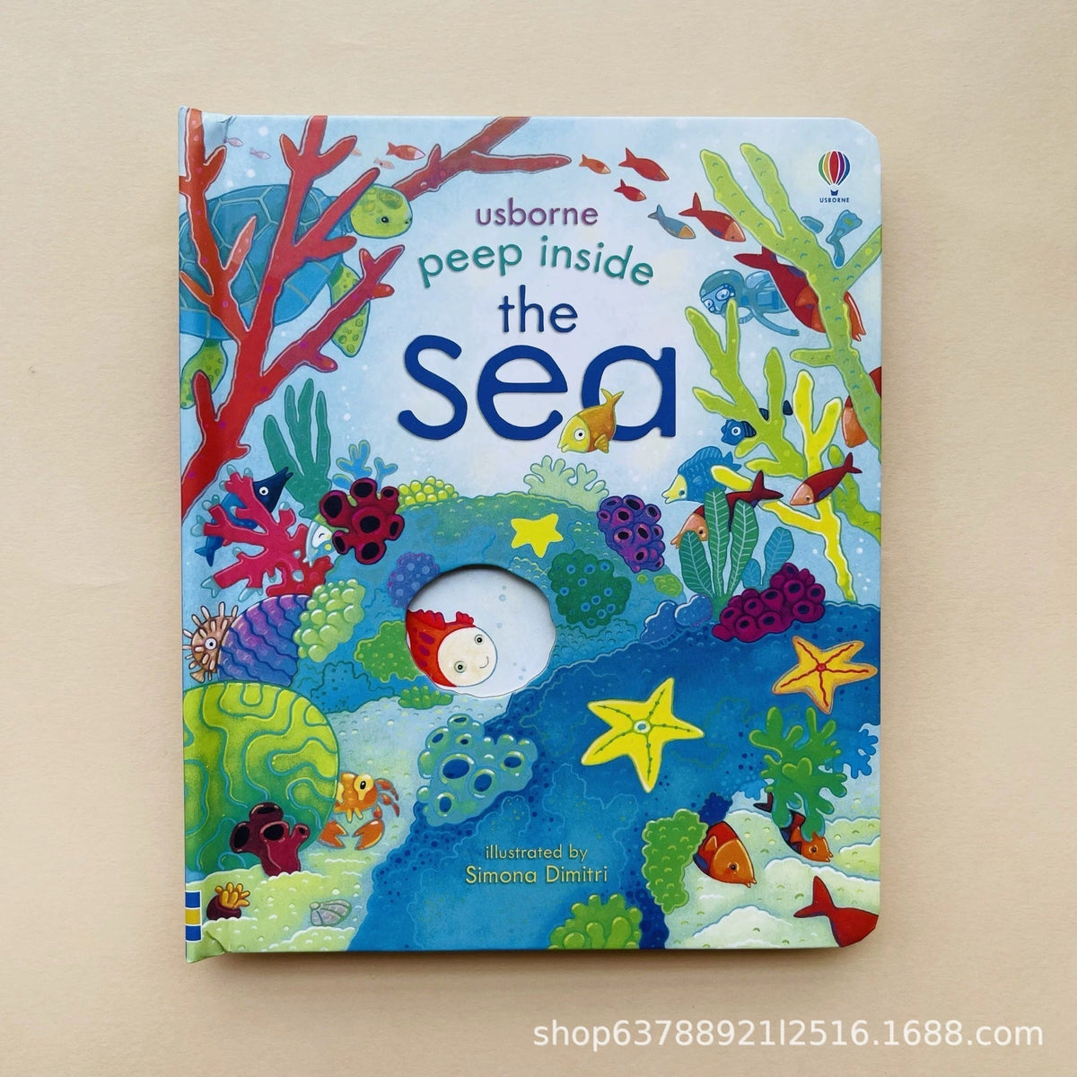 Board book with a bright blue sea-life cover, colorful coral, fish, starfish and a peek-through hole; Educational  Picture Books for toddlers