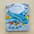 Children’s board book with blue airplane and colorful transport illustrations, featuring “peek inside” cut-out windows; Educational  Picture Books
