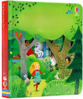 Board book, Educational  Picture Books with a bright green forest cover, colorful animals, and a child among trees.