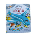 Children’s airplane picture book with a blue illustrated cover, busy airport vehicles, and interactive peek-through details; Educational  Picture Books