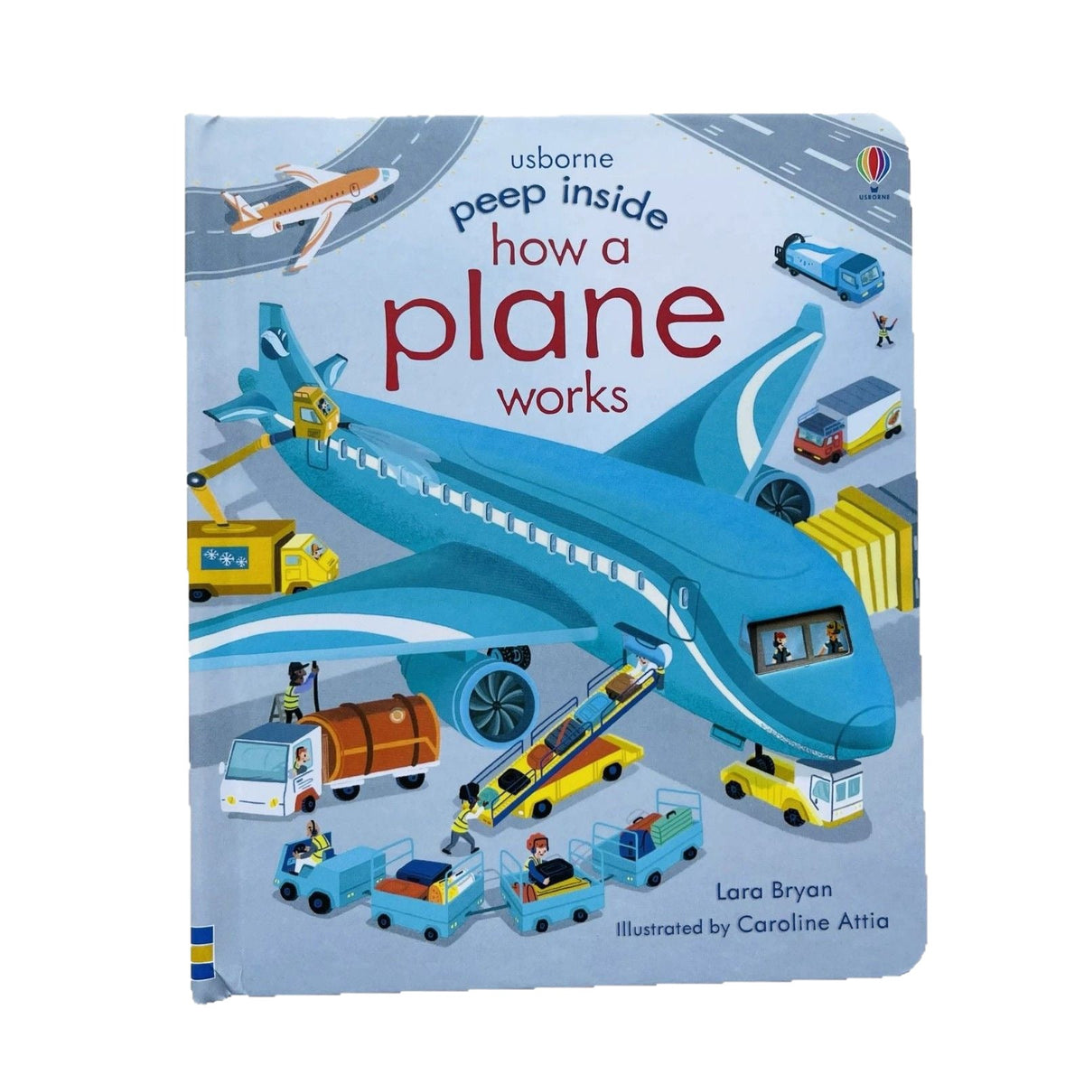 Children’s airplane picture book with a blue illustrated cover, busy airport vehicles, and interactive peek-through details; Educational  Picture Books