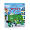 Children’s book with a blue cover showing a green recycling truck and workers; Educational  Picture Books with peek-through pages.