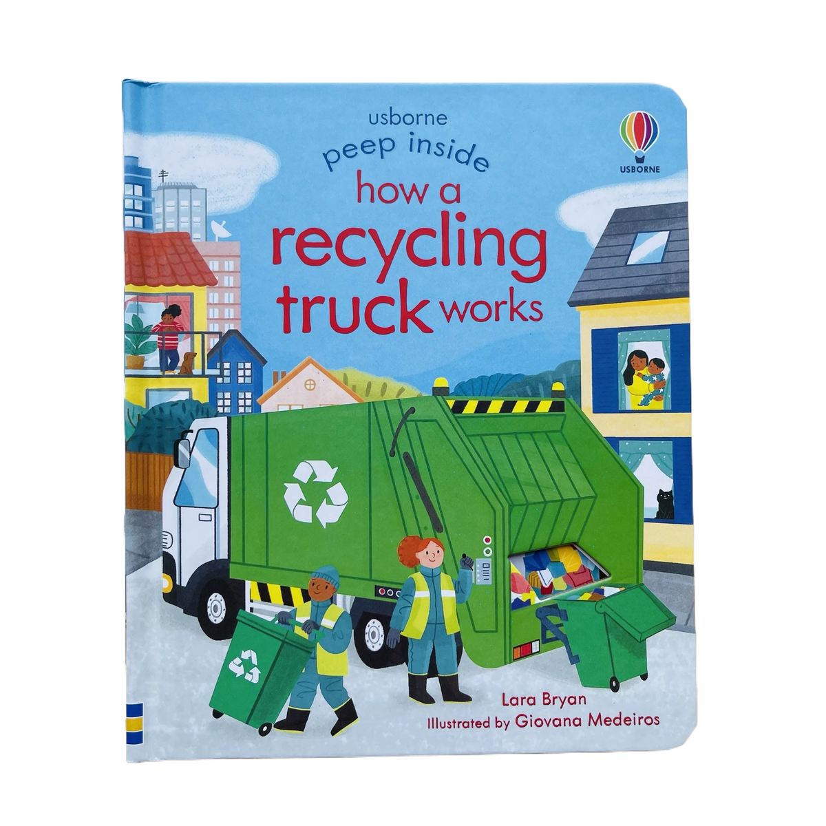 Children’s book with a blue cover showing a green recycling truck and workers; Educational  Picture Books with peek-through pages.
