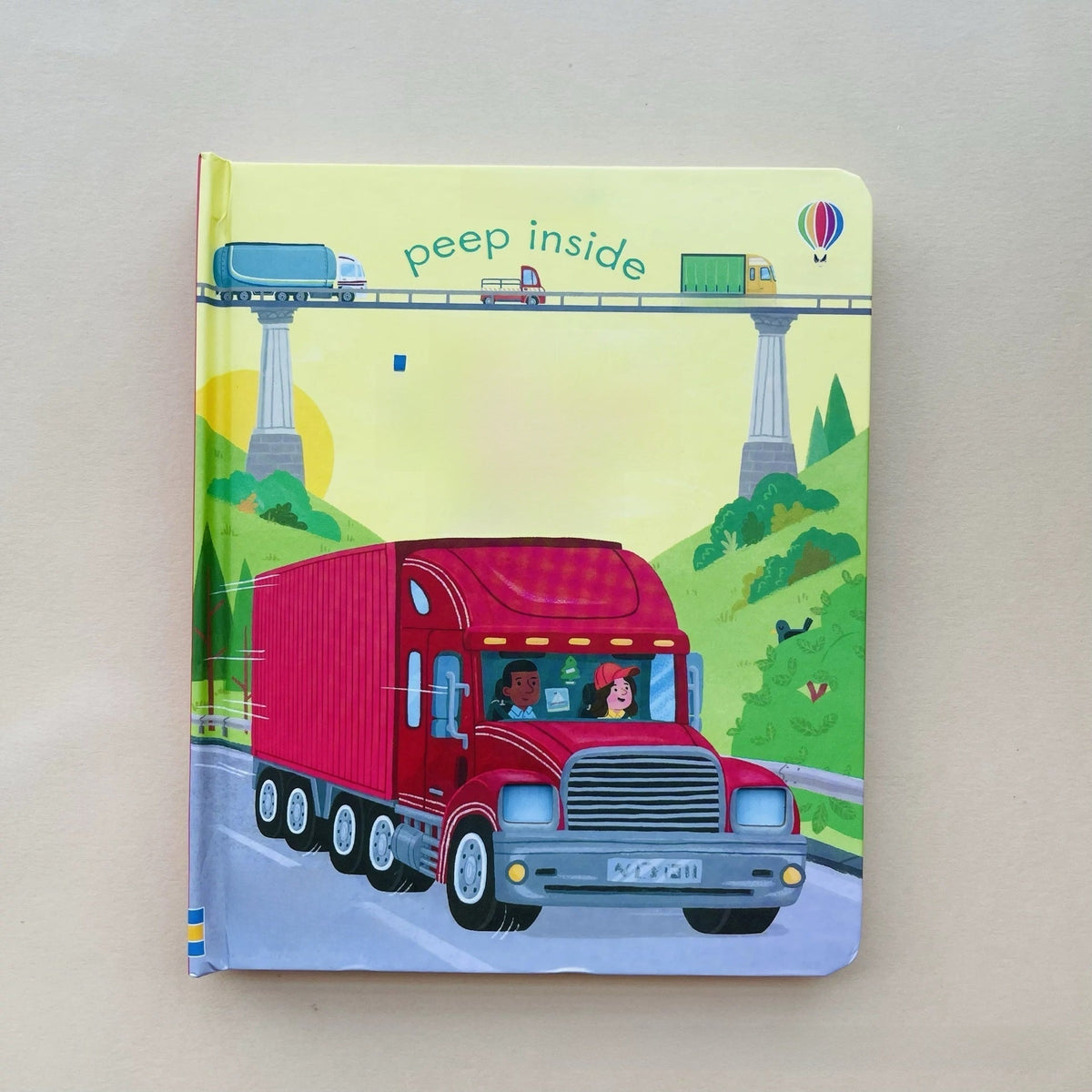 Picture book for toddlers, bright yellow cover with a red truck, green hills, and “peep inside” text; Educational  Picture Books