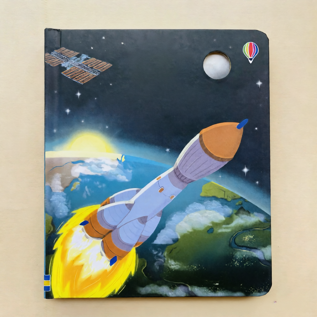 Space-themed Educational  Picture Books board book with a colorful rocket, Earth, stars, satellite and peek-through moon cutout
