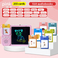 Activity Book learning tablet in pink ABS plastic with a black LCD screen, colorful tiger drawing, stylus, and word cards.