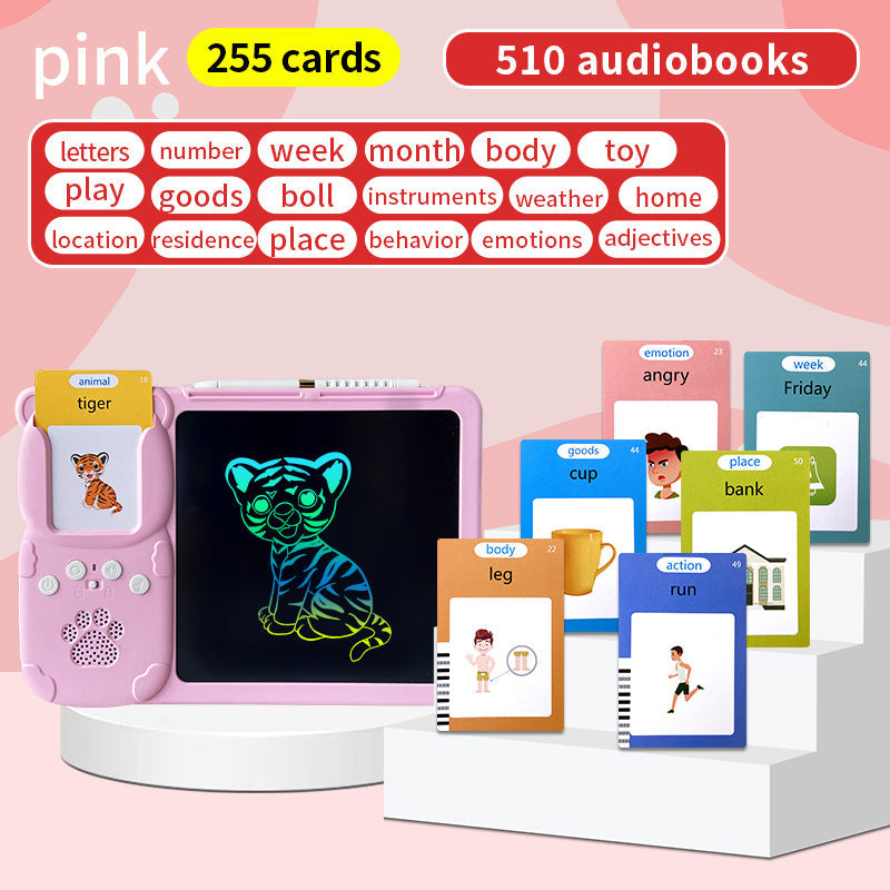 Activity Book learning tablet in pink ABS plastic with a black LCD screen, colorful tiger drawing, stylus, and word cards.