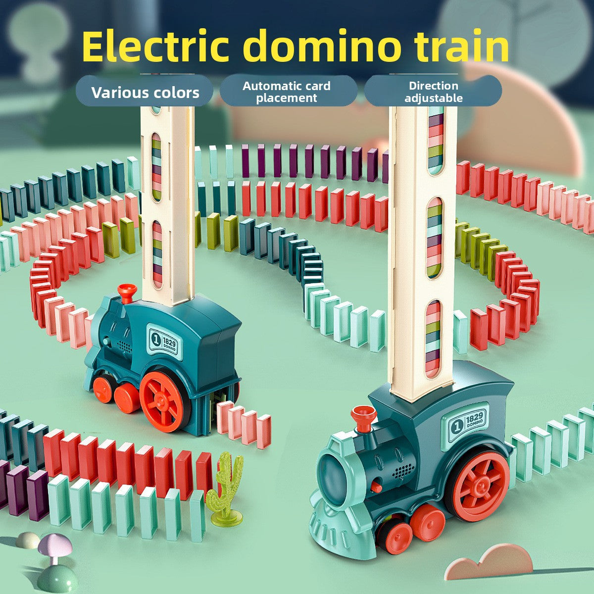 Electric Domino Train Toy with teal plastic engines, red wheels, upright card placers and rows of multicoloured dominoes