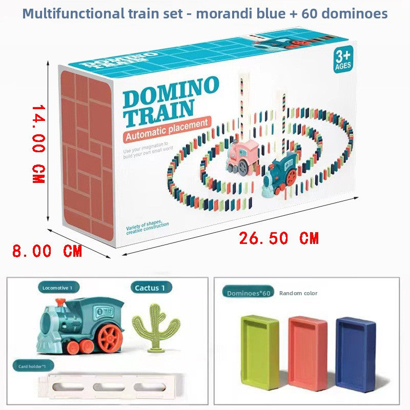 Electric Domino Train Toy in a blue-and-white box, featuring a colorful plastic train, multicolored dominoes and cactus accessory