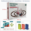 Electric Domino Train Toy in a white box with pink and blue plastic trains, colorful dominoes, and automatic card placer