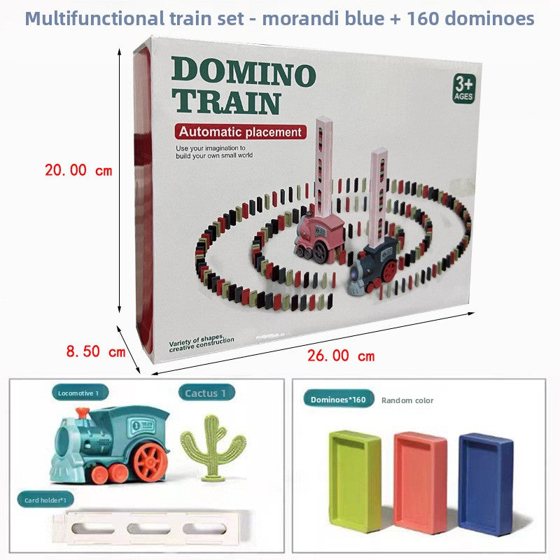 Electric Domino Train Toy in a white box with pink and blue plastic trains, colorful dominoes, and automatic card placer
