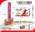 Electric Domino Train Toy in orange and purple plastic with a tall red domino dispenser and colorful domino tiles