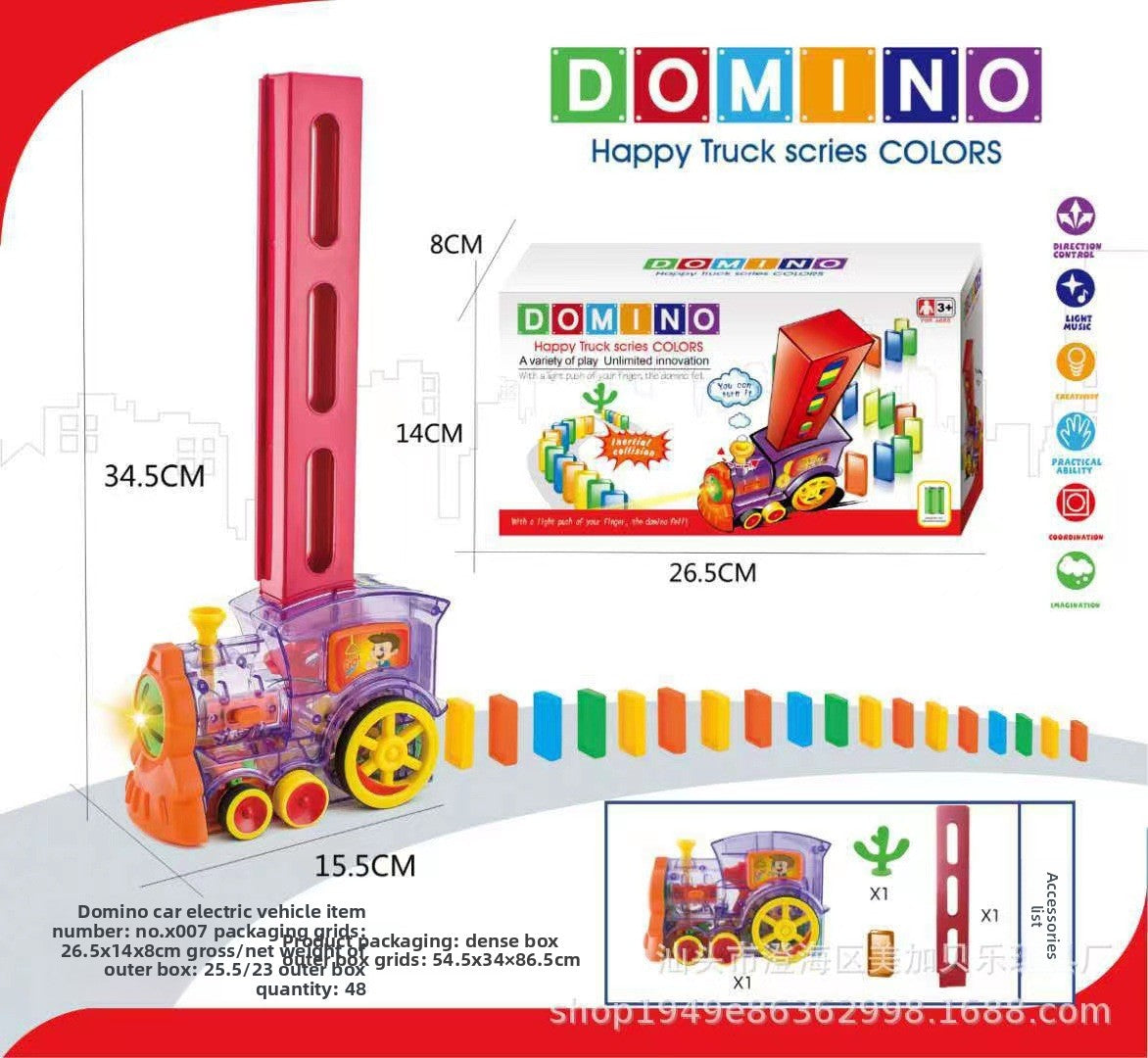 Electric Domino Train Toy in orange and purple plastic with a tall red domino dispenser and colorful domino tiles