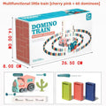 Electric Domino Train Toy in pink plastic with colorful dominoes, automatic placer, and cactus-themed locomotive shown on box