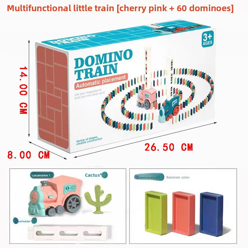 Electric Domino Train Toy in pink plastic with colorful dominoes, automatic placer, and cactus-themed locomotive shown on box