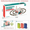 Electric Domino Train Toy in a colorful box, with a pink and teal plastic train, automatic domino placer and multicolored dominoes