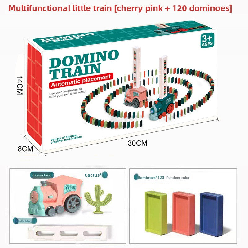 Electric Domino Train Toy in a colorful box, with a pink and teal plastic train, automatic domino placer and multicolored dominoes