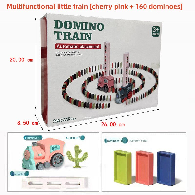 Electric Domino Train Toy featuring a cherry pink plastic train and colorful dominoes in a boxed 160-piece set